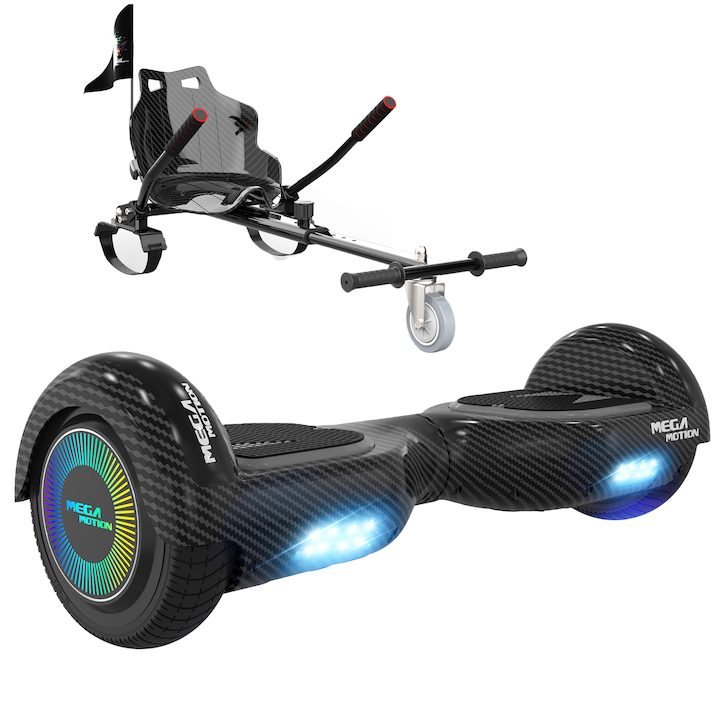 Ховърборди - Плюсове, Екстри и как да Избереш Идеалния Модел Ховърборд, Mega Motion, ABS/Поликарбонат, С Go Kart, 6,5 инча, Bluetooth високоговорители, LED светлини, Черен