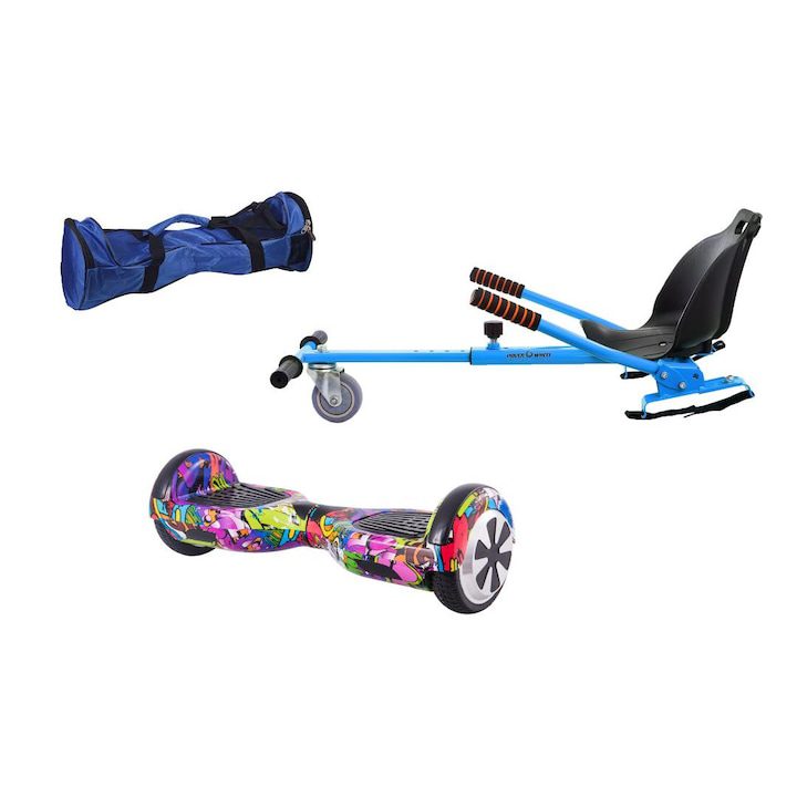 Ховърборди - Плюсове, Екстри и как да Избереш Идеалния Модел Пакет Hoverkart COMBO (Hoverseat, Chair)+Hoverboard Original grafitti dark, електрически скутер, колела 6,5 инча, bluetooth, чанта за подарък, светодиоди, вграден високоговорител, 700w.