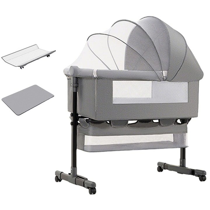 Бебешка кошара, Momcbebe, сгъваема, регулируема на височина, със система за заключване, безшумни колела, с мрежа против насекоми, кош за съхранение, матрак, маса за повиване, светлосив