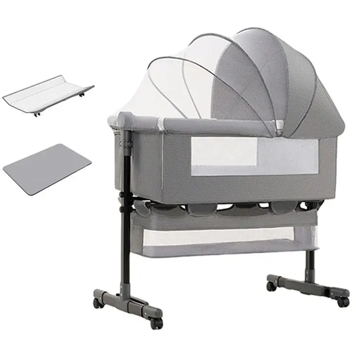 Бебешка кошара, Momcbebe, сгъваема, регулируема на височина, със система за заключване, безшумни колела, с мрежа против насекоми, кош за съхранение, матрак, маса за повиване, светлосив