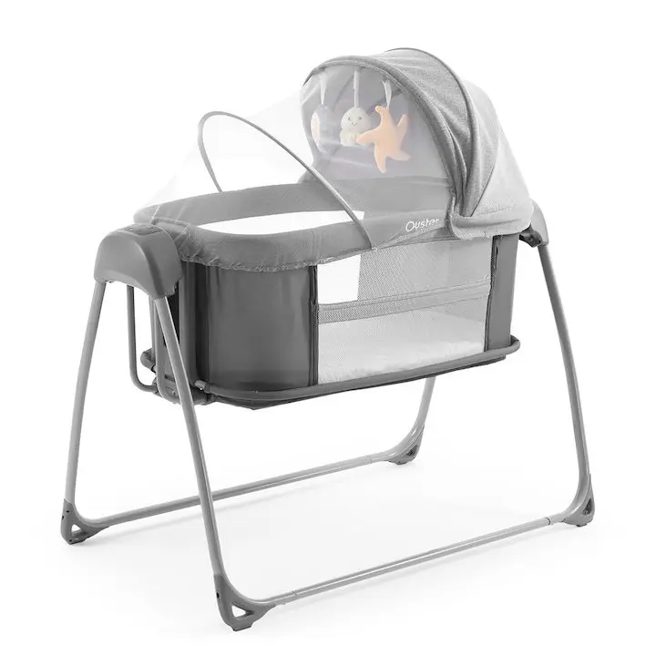 Бебешка кошара Oyster, светло сива, с 5 скорости на люлеене, включва меки играчки и дистанционно управление