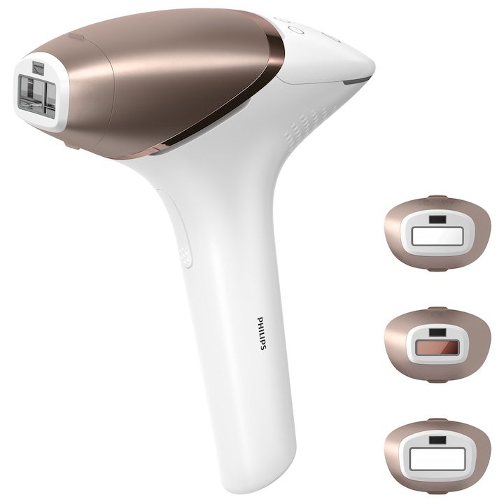 Най-добрите Фотоепилатори за Перфектна Грижа у Дома Фотоепилатор IPL Philips Lumea Series 9900 BRI973/00, Сензор Smartskin, Технология SenseIQ, Връзка с приложението с функции Skin AI, Използване с или без кабели, 450 000 импулса, Аксесоар лице, Тяло, Прецизност, Rose Gold/White