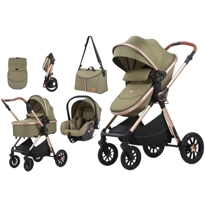 Перфектната Спортна Детска Количка: Как да Изберете Най-Доброто за Вашето Дете 🚼✨ Количка за бебета 3 в 1, реверсивна, с окачване, с черупка, спортна част трансформируема в количка, T5 зелена