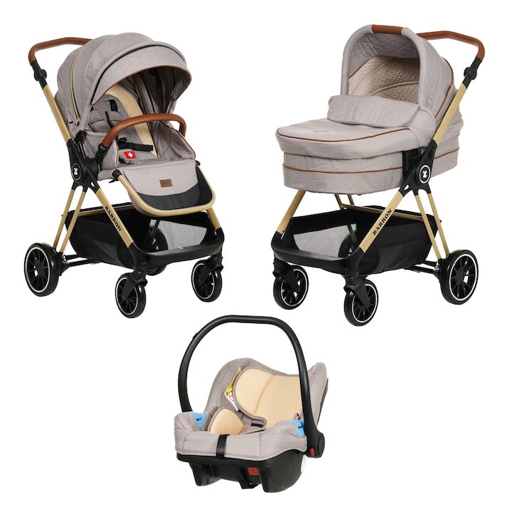 Модерни Детски Колички: Нашите Предложения Комбинирана детска количка Barron 3 в 1, бежова с рамка в дървесен цвят