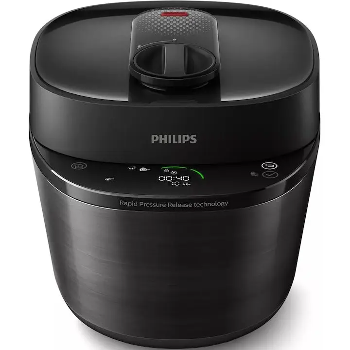 Мултикукър Philips HD2151/40 All-in-One с готвене под налягане, 1000W, капацитет 5 л, 35 предварително зададени програми, Бързо готвене, Освобождаване на налягането, Персонализиране на етапите на готвене, Приложение HomeID, Черен