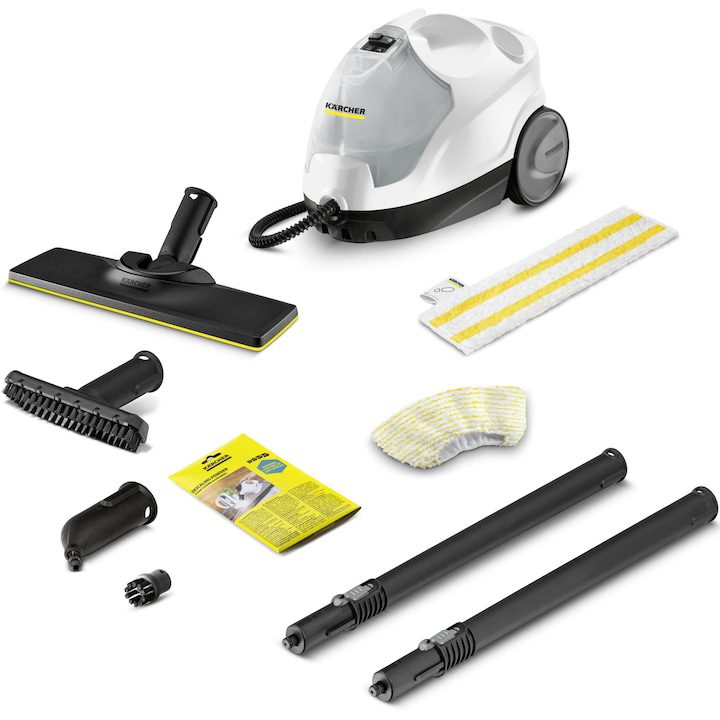 Парочистачки – Сравняваме Най-Добрите 🚿✨ Парочистачка Karcher SC 4 Easyfix, 2000 W, 3.5 бара, 0.5/0.8 л, Загряване 4 мин, бяла, с комплект Easyfix за подове