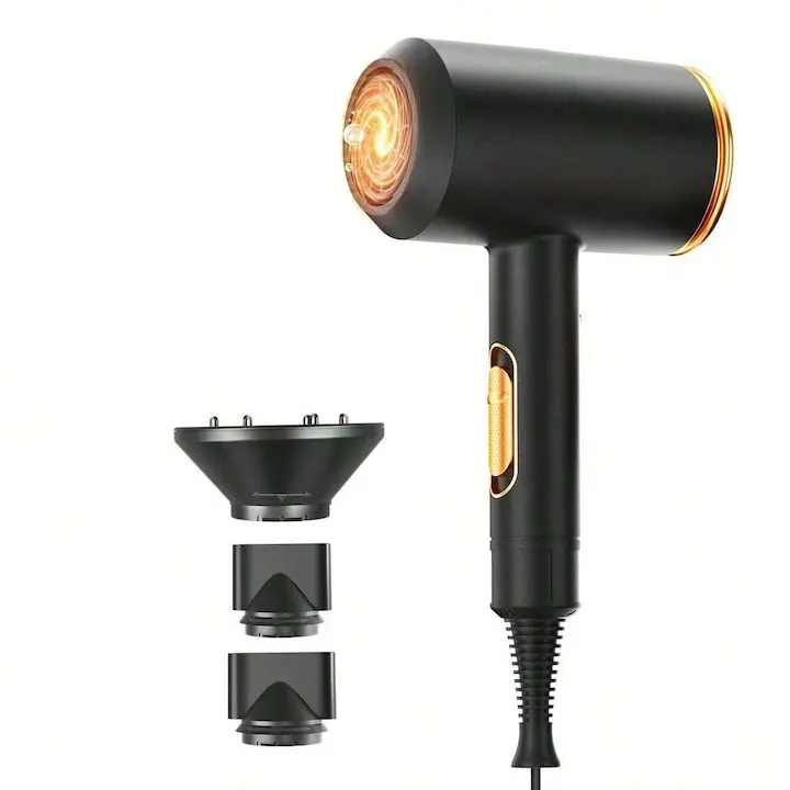 Професионален йонен сешоар, MOSMAOO, Мощност 2000W, силен въздух, керамично ядро, отрицателни йони, с 2 скорости и 3 температурни нива, Комплект от 3 аксесоара, жълт и черен