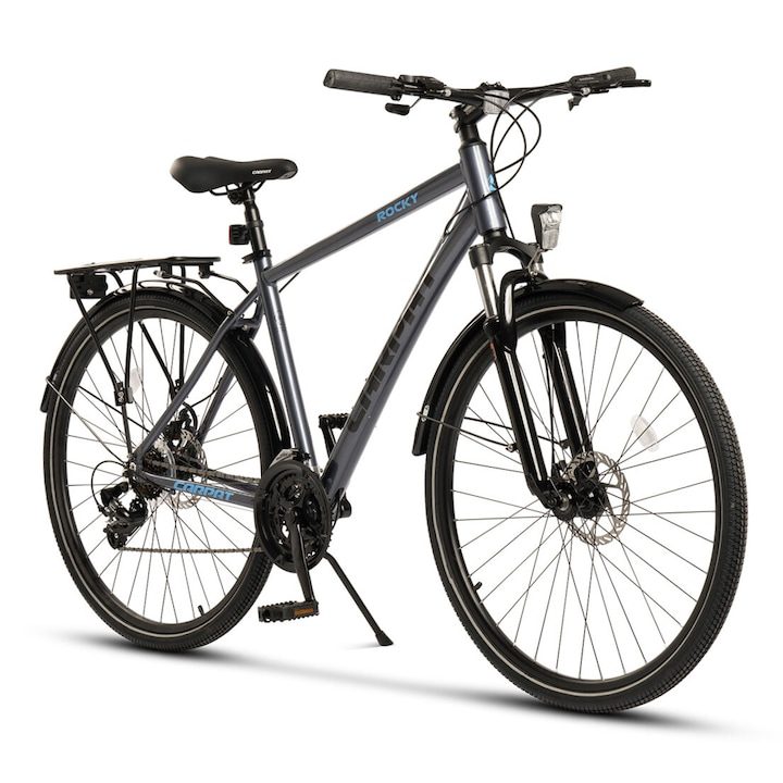 Шосеен MTB велосипед Carpat Travel Pro JSX28281, Алуминиева рамка, оборудване Shimano, 28 инча колело, предна/задна дискова спирачка, 21 скорости, сиво със синьо