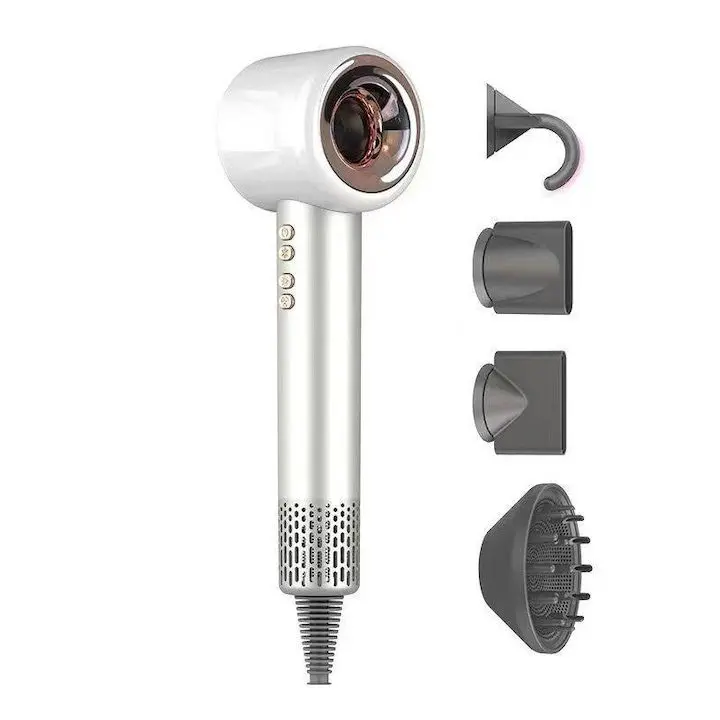 Ултра мощен професионален сешоар, MOSMAOO, скорост 110000RPM, мощност 2000W, 3 степени на скорост / 4 нива на температура, включени 4 магнитни аксесоара, бял