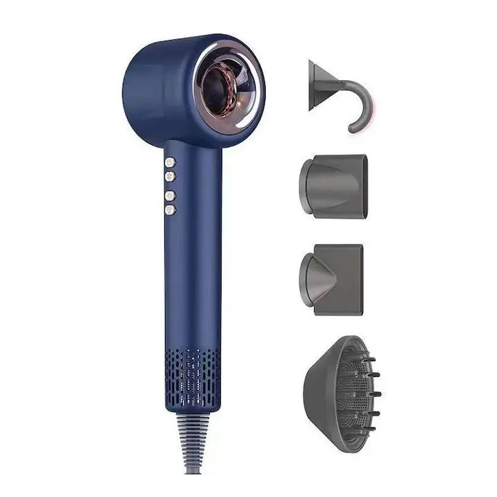Ултрамощен професионален сешоар, MOSMAOO, скорост 110000RPM, мощност 2000W, 3 степени на скорост / 4 нива на температура, включени 4 магнитни аксесоара, син