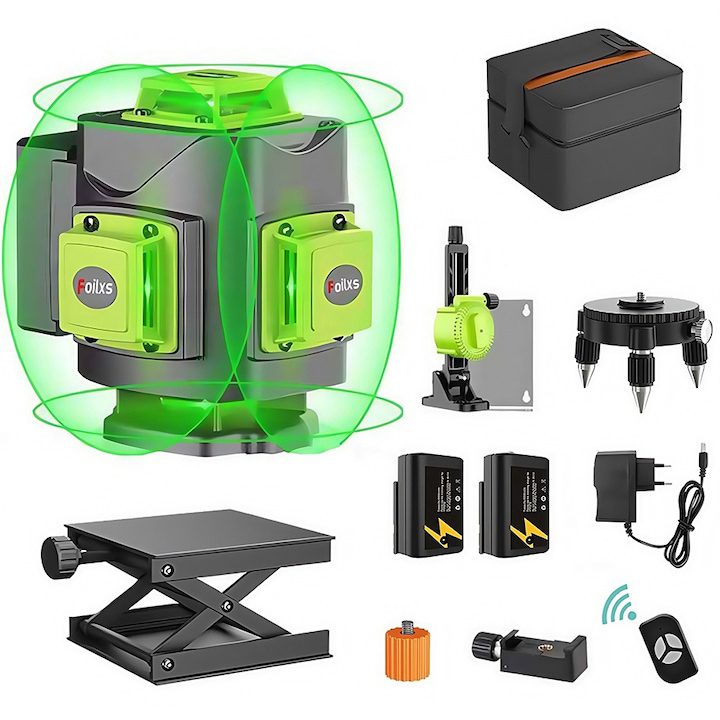Най-добрите Лазерни Нивелири: Иновативни Решения За Прецизна Работа 4D лазерен нивелир, Folixs®, професионален, 16 линии, 4x360º, IP-54, милиметрова точност, 515 nm лазерен диод, ± 3° работен обхват 30 m, с дистанционно управление, черен / зелен