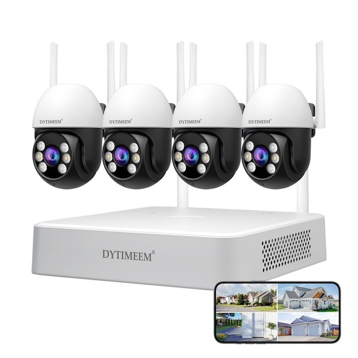 Комплект за наблюдение Wi-Fi DYTIMEEM, 2MP 4 PTZ камери, 8 канала NVR, Нощно виждане, P2P, Работи със Srihome, Full Color Night Vision