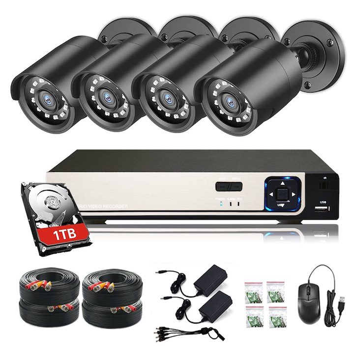 Комплект за видеонаблюдение Ej-Products, Вътрешен и външен, С 4 канала, 5 MP, 4 камери, Преглед в реално време, Интелигентно възпроизвеждане, Включен твърд 1 TB