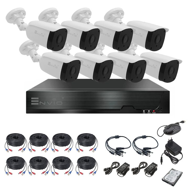 Комплект за видеонаблюдение Envio, модел AESS-KIT8CHBFP50H500HDD, 8 камери 5 MP, висока резолюция, с включен HDD, многоцветен