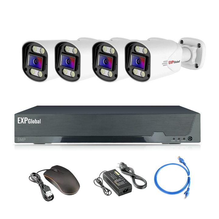 Комплект за видеонаблюдение, EXPGlobal, 4 5MP пълноцветни камери, цветно нощно виждане, PoE, без HDD, 20m IR