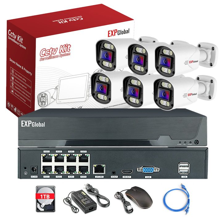 Комплект за видеонаблюдение, EXPGlobal, 6 5MP пълноцветни камери, цветно нощно виждане, PoE, 1T HDD (вграден VCR), 20m IR