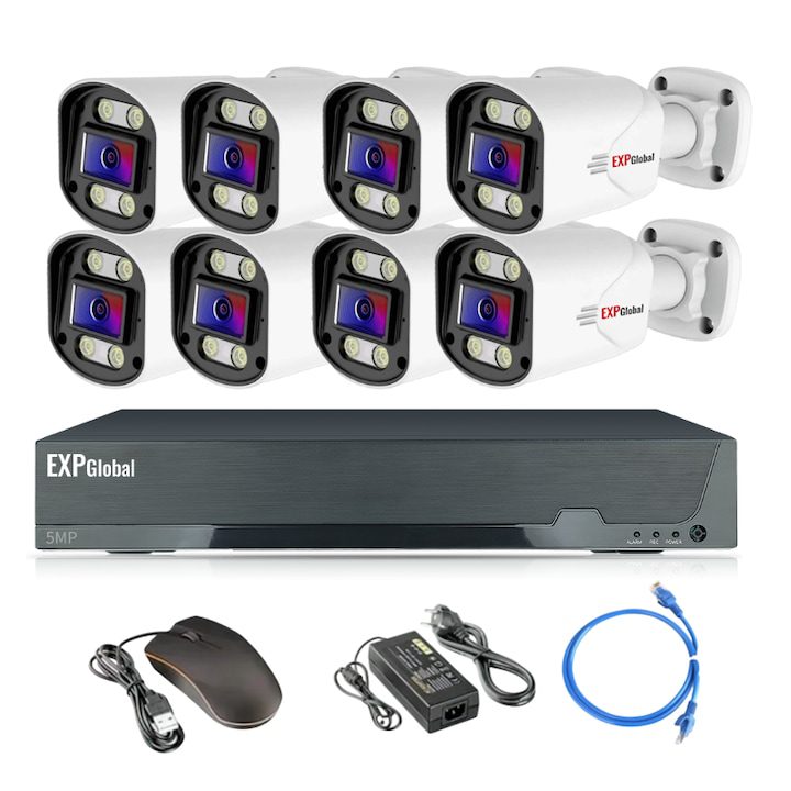 Комплект за видеонаблюдение, EXPGlobal, POE, 8 канала, цветно нощно виждане, 5MP, на закрито/външно място, -20°C-+50°C, без HDD