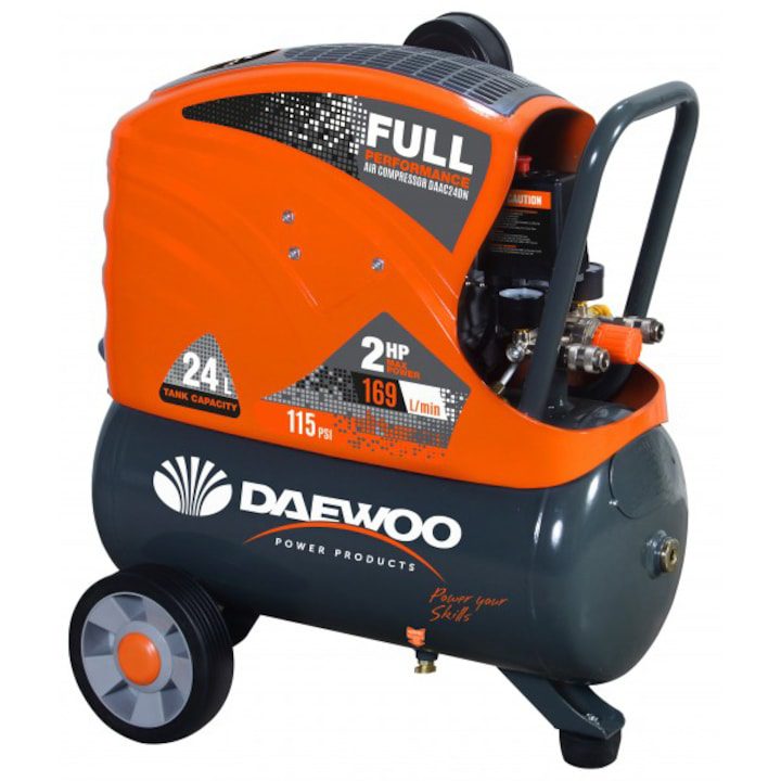 Въздушни Компресори: Как Да Изберете Най-доброто Оборудване За Вашите Нужди Компресор Daewoo DAAC24DN, 1500 W, 230 V, 2 CP, 24 л капацитет на резервоара, 169 л/мин въздушен поток, 8 бара максимално налягане