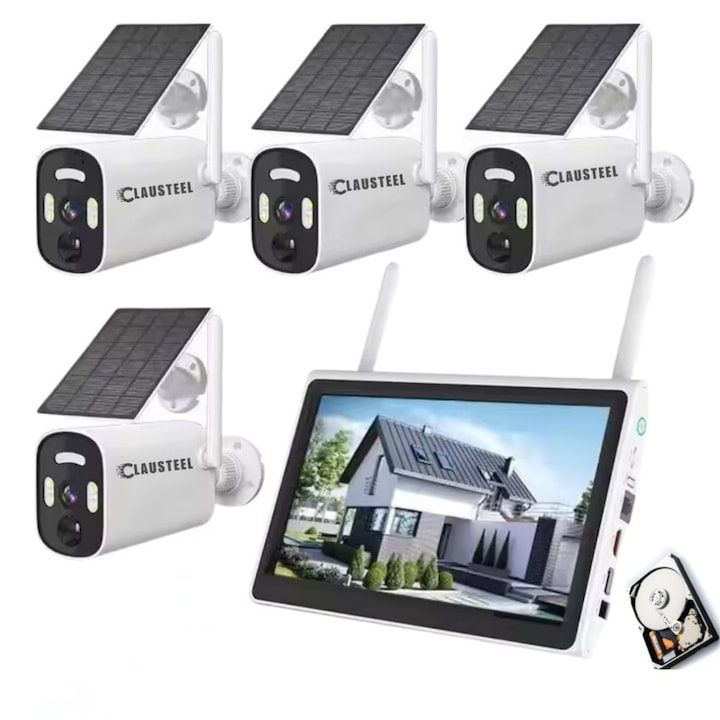 Пълен комплект с 4 камери за наблюдение CLAUSTEEL BK26 със слънчев панел, WIFI, 4MPX, 9000mAh батерия, NVR с 10,1-инчов дисплей, управление чрез приложение, вграден сензор за движение, Night Vision Color, 1 TB HDD включен
