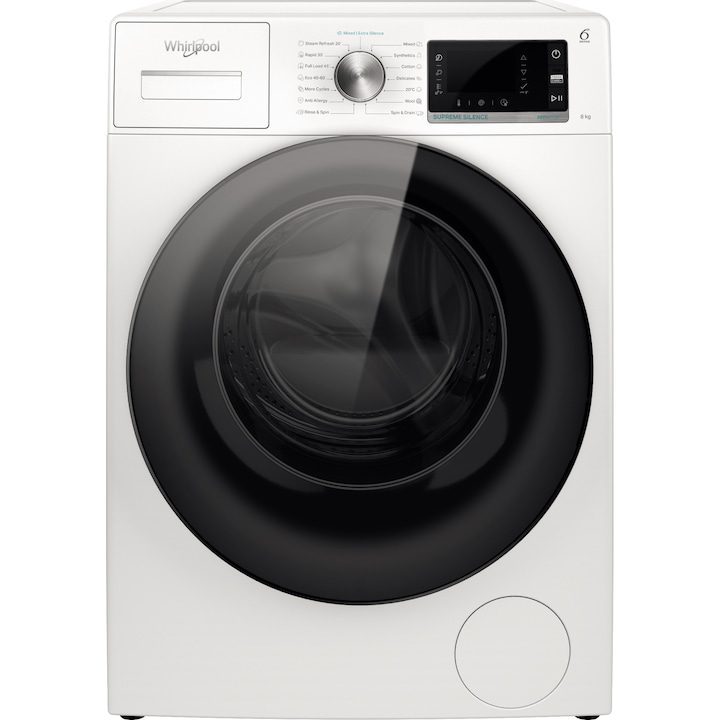 Пералня Whirlpool Supreme Silence W6X W845WB EE, 8 кг, 1400 об/мин, Клас B, 6th Sense, Motor Zen Direct Drive, FreshCare+, Steam Refresh, Steam Hygiene, LCD дисплей, Бял