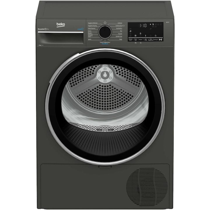 Сушилня Beko B3T43239, Термопомпа, 9 кг, 15 програми, Клас A++, SteamCure, RecycledDry, Инверторен мотор ProSmart, OptiSense, Aquawave, Hygienic Refresh, Антрацит