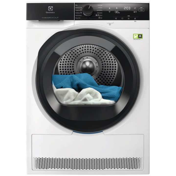 Сушилня Electrolux EW7D495UCE, Термопомпа, 9 кг, 11 програми, Клас A+++, Wi-Fi, Инверторен мотор, LED дисплей, DelicateCare, Sensicare, Реверсивна врата, Вътрешно осветление на барабана, Бял
