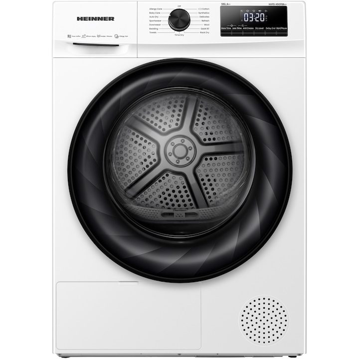 Сушилня Heinner HHPD-H90FRA++, Термопомпа, 9 кг, 15 програми, Клас A++, LED дисплей, Power AirFlow, Бял