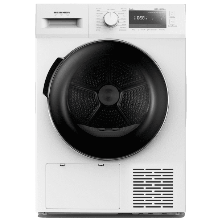 Сушилня Heinner HHPD-M8G3A++, Термопомпа, 8 кг, 14 програми, Клас A++, LED дисплей, Осветление в барабана, Заключване за деца, Бял