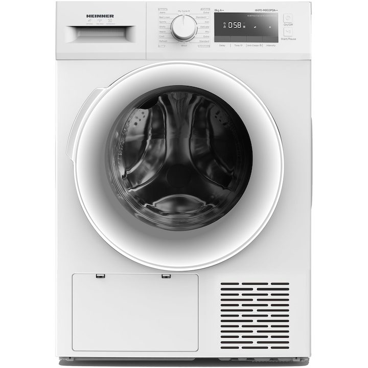 Сушилня Heinner HHPD-M8G3PDA++, Термопомпа, 8 кг, 16 програми, Клас A++, LED дисплей, Функция отложен старт, Функция против намачкване, Осветление във ваната, Бял