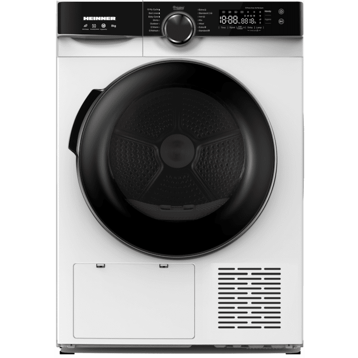 Сушилня Heinner HHPD-M8K3A++, Термопомпа, 8 кг, 14 програми, Клас A++, Сензорно управление, Сензор за влажност, LED дисплей, Осветление в барабана, Заключване за деца, Бял