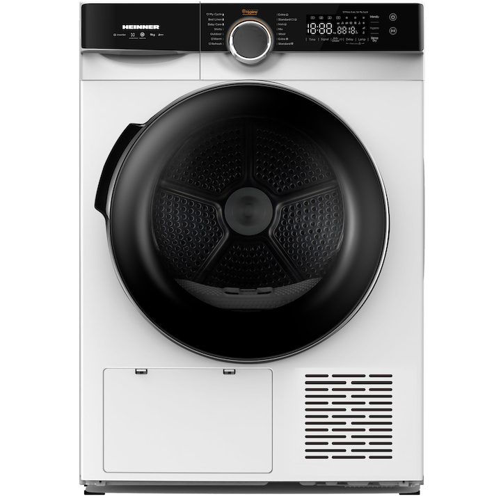 Сушилня Heinner HHPD-M9K3A+++, Термопомпа, 9 кг, Инвертор, 14 програми, Клас A+++, Сензорно управление, Функция против намачкване, Програма за стерилизация, Осветление в барабана, Бял