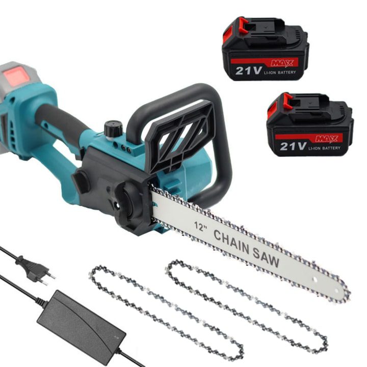 Големи Акумулаторни Верижни Триони: Кой да Купим? Верижен трион, MOSMAOO®, 2 батерии 21V, 1500 mAh, Max 1800W, 12 инча (38 см), 2 вериги, 4500 RPM, Синьо-зелен