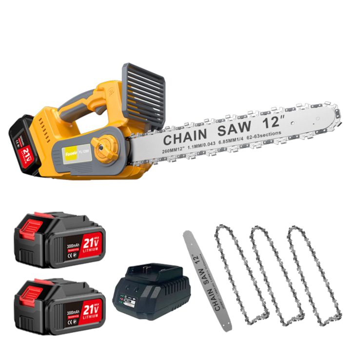 Големи Акумулаторни Верижни Триони: Кой да Купим? Верижни триони, Верижен трион, 12 инча безжичен електрически трион, Fooeis, 21V, 9000 RPM, жълт, 1,65 кг