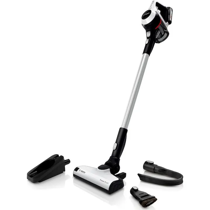 Вертикални прахосмукачки Bosch: Модели, Сравнения и Характеристики Вертикална прахосмукачка Bosch Unlimited BCS61113, 18 V, Външна батерия 2.5 Ah, 19.84 kWh/годишно, Четка AllFloor , Филтър igenic, Контейнер XL, Бяла/Черна