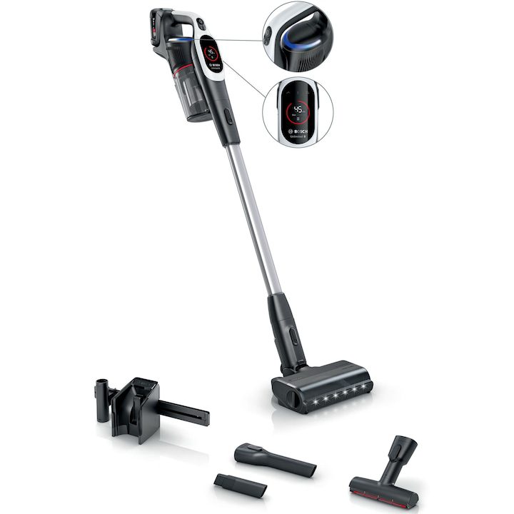 Акумулаторна прахосмукачка Bosch Unlimited 9 BBS931WBA, 3 Ah батерия, 3 режима на почистване, Четка MicroClean, за тапицерия XXL и за тясно пространство, Сензор MicroClean, Време на работа до 60 минути. Бял