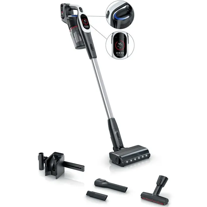 Вертикални прахосмукачки Bosch: Модели, Сравнения и Характеристики Акумулаторна прахосмукачка Bosch Unlimited 9 BBS931WBA, 3 Ah батерия, 3 режима на почистване, Четка MicroClean, за тапицерия XXL и за тясно пространство, Сензор MicroClean, Време на работа до 60 минути. Бял