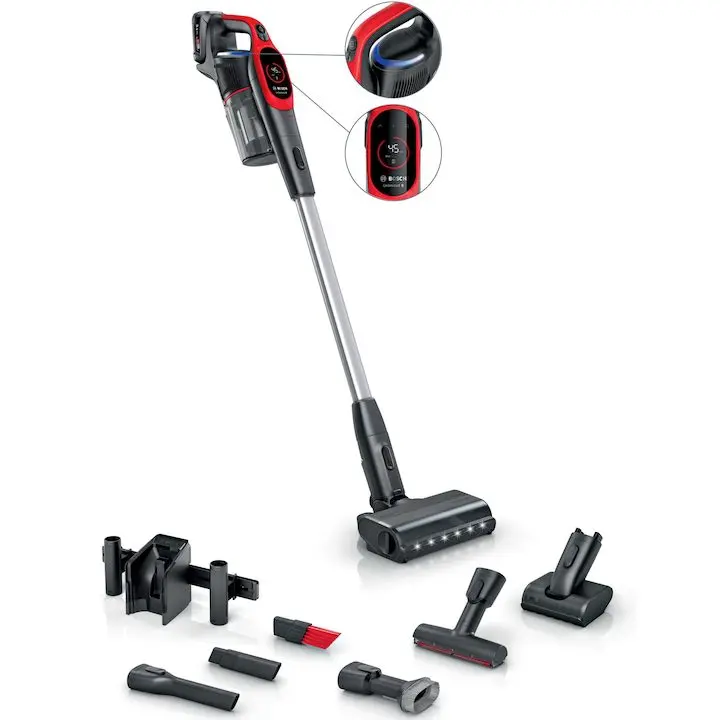 Вертикални прахосмукачки Bosch: Модели, Сравнения и Характеристики Акумулаторна прахосмукачка Bosch Unlimited 9 BBS931PET, батерия 3 Ah, 3 режима на почистване, Четка MicroClean, Мини четка Turbo Zoo, Накрайник за тясно пространство, мебели, и тапицерия xxl, Сензор MicroClean, Автономност до 60 мин. Червен