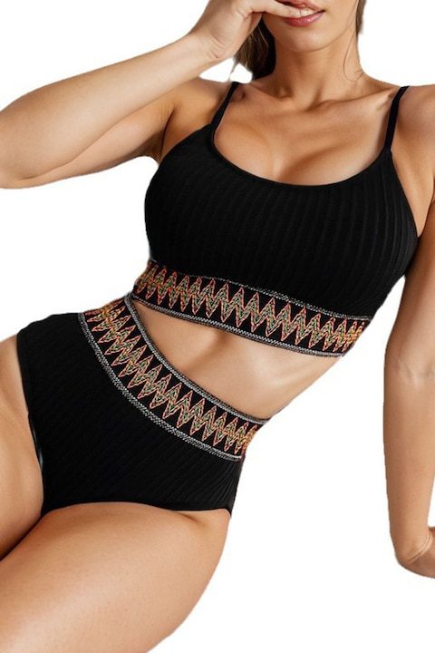 Дамски Бански с Висока Талия – Защо са Фаворит за Лято 2025 Бански от две части с висока талия, Axroad Mall, размер М, с текстилни ластици, щампа на райе, слипове с висока талия, подвижни гъби, регулируеми презрамки, 95% полиестер, черен