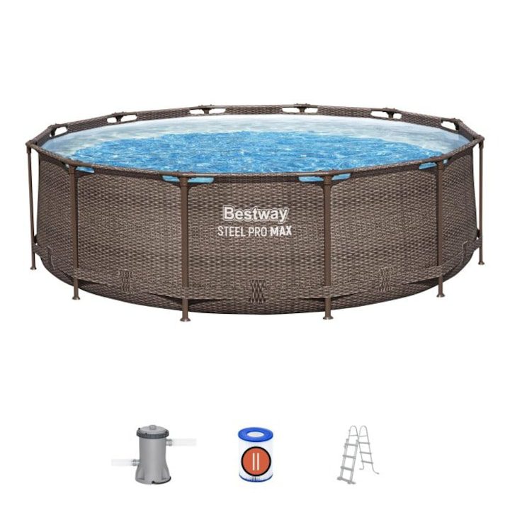 Басейни с метална рамка: пълен пътеводител за избор, монтаж и грижи 🏊♂️ Басейн Bestway, Steel Pro MA Frame с помпа, Кръгъл, Метална конструкция, Вид на кафяв ратан, 366 x 100 см