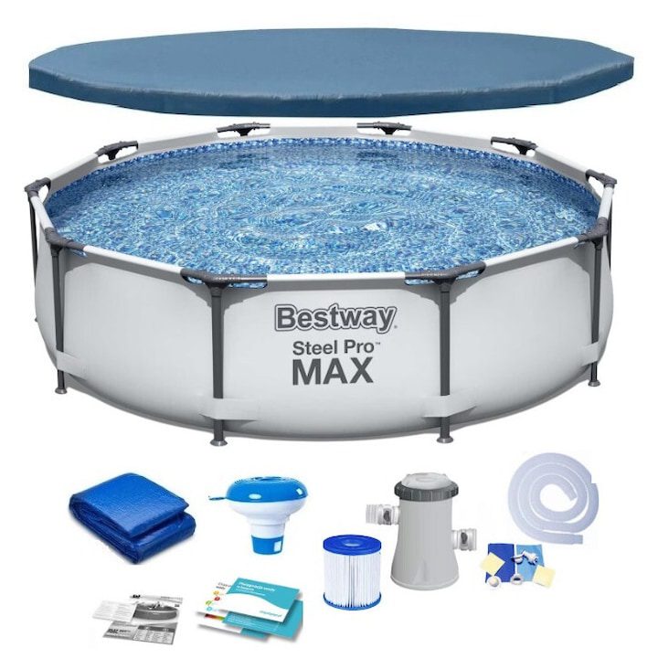 Басейни с метална рамка: пълен пътеводител за избор, монтаж и грижи 🏊♂️ Басейн с метална рамка Bestway Steel ProMAX, D305xH76, филтърна помпа, филтър, брезент за покрив, поддържащ брезент, дозатор за хлор, комплект за ремонт