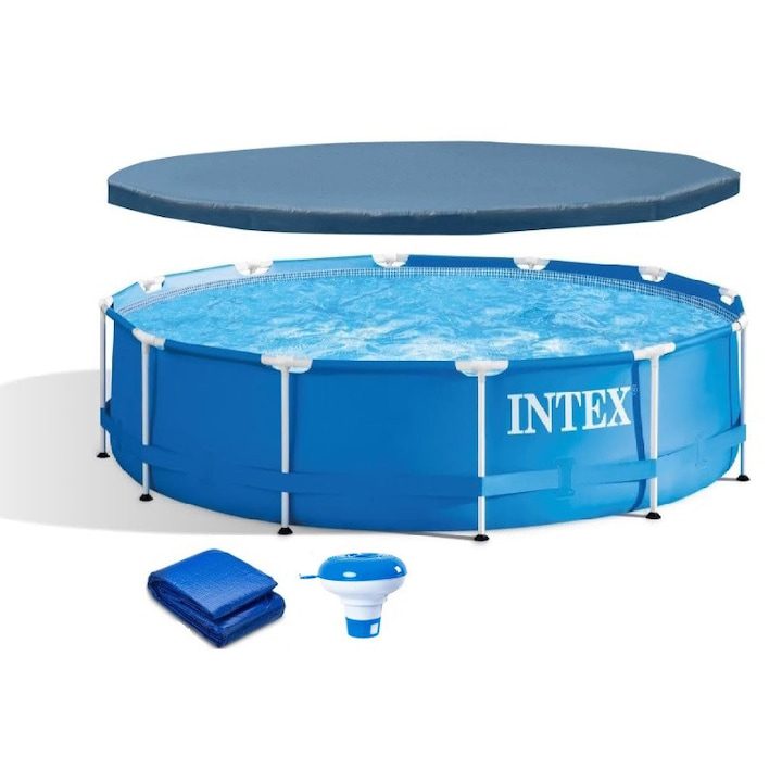 Басейни с метална рамка: пълен пътеводител за избор, монтаж и грижи 🏊♂️ Басейн с метална рамка Intex, D305xH76, брезент за покрив, носещ брезент