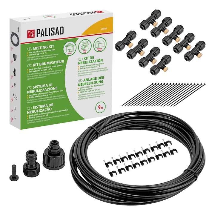 Охлаждане с Водна Мъгла: Перфектното Решение за Летните Жеги Cистема за образуване на мъгла Palisad, Полиетиленов маркуч, Дължина 9 м, Дюзи 9 броя