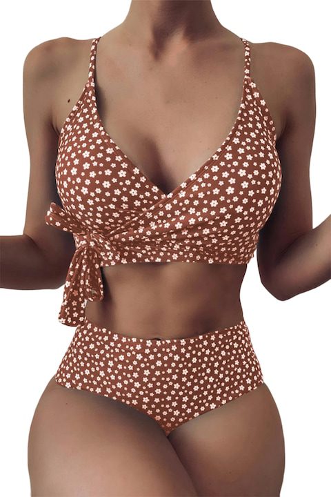 Дамски Бански с Висока Талия – Защо са Фаворит за Лято 2025 Дамски бански костюм 2 части, модерен модел с пуканки, сутиен бюстие и гащи с висока талия, размер S, кафяв, EFAYN