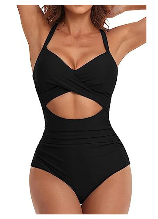 Дамски Бански Костюми - Лято 2025: Дамски бански костюм, Esther Beauty, елегантен модел, V-образно деколте, оформящ ефект, Черен