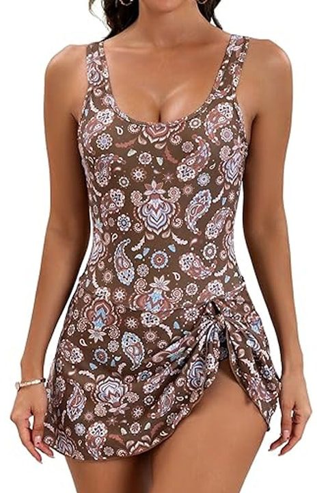 Дамски Бански Костюми - Лято 2025: Дамски бански костюм, Hggzeg, Цял, С пола, свалящи се подплънки, Регулируеми презрамки, Широки презрамки, U-образно деколте, Кафяв