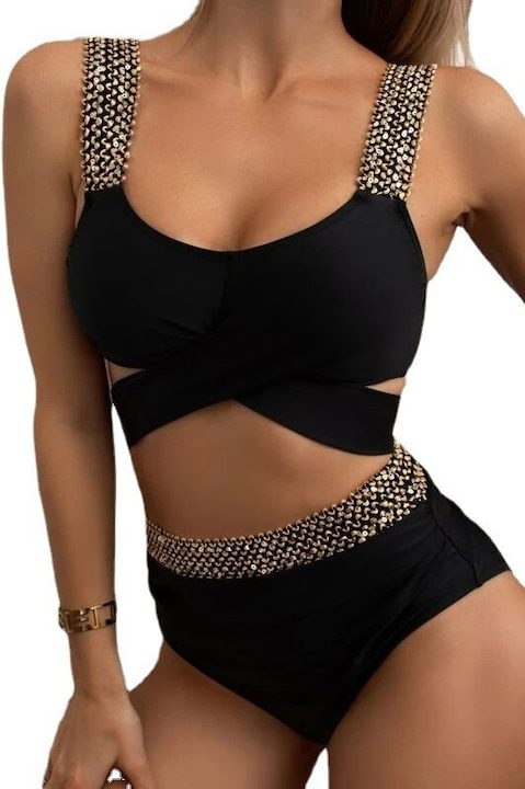 Дамски Бански с Висока Талия – Защо са Фаворит за Лято 2025 Дамски бански костюм NEVERMORE 2 части висока талия и златисти ластици с пайети черен
