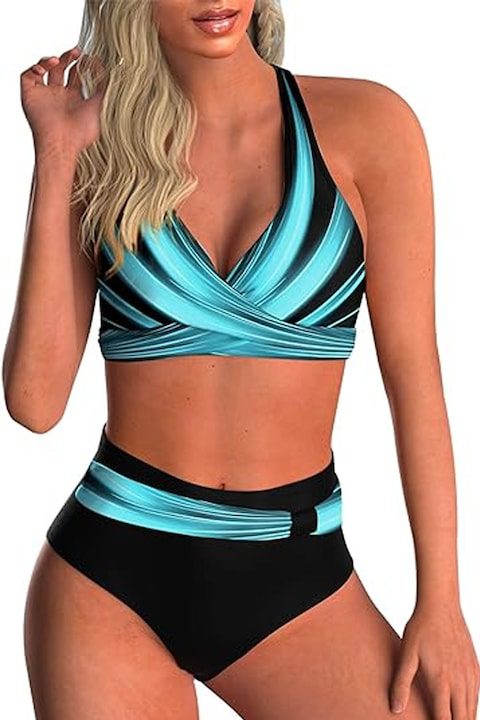 Дамски Бански с Висока Талия – Защо са Фаворит за Лято 2025 Дамски бански костюми, Axroad Mall, 2 части, V-образно деколте, висока талия, подвижни подплънки, регулируеми презрамки, кръстосан дизайн