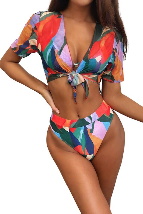 Дамски Бански с Висока Талия – Защо са Фаворит за Лято 2025 Дамски бански костюми, NEVERMORE, 3 части, бразилски слипове с висока талия, сутиен Push Up, тънка блуза с къс ръкав, многоцветен