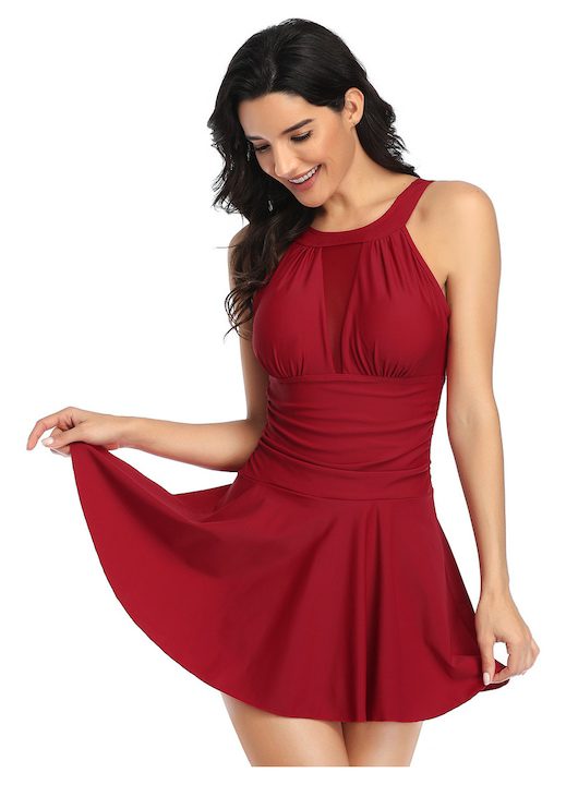 Дамски Бански Костюми - Лято 2025: Дамски бански, найлон/еластан, червен, с пола, с къси панталонки, L