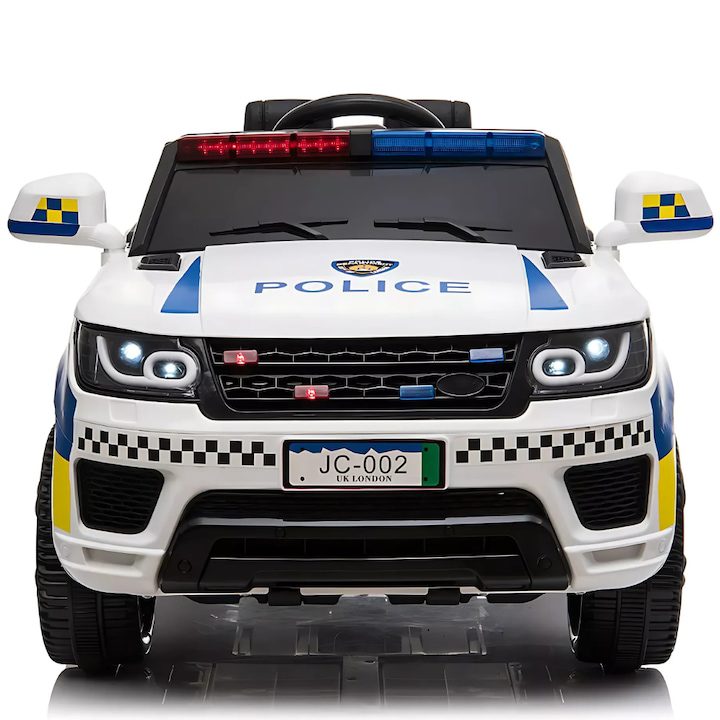 Детски електрически коли: Избор, безопасност и радост от играта 🚗🔋 Детска електрическа кола Bukino®, модел Police, 12V, 2 места, родителско дистанционно, MP3 функция, светлини и сирена, реалистичен дизайн, батерия 4.5Ah, максимална скорост 5 км/ч, бял